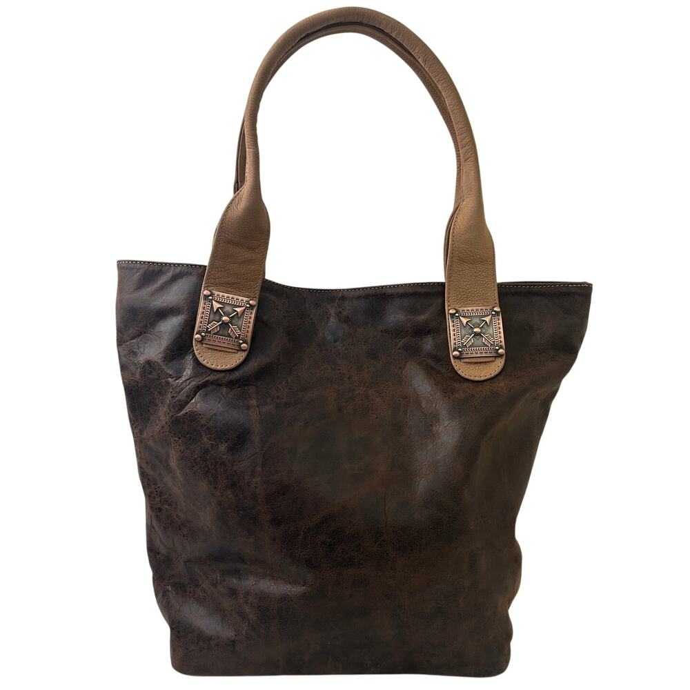 American West Truelu Brown Distressed Leather Tote Bag with Arrow Hardware